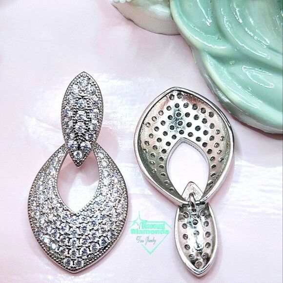 Dainty White Baguette Diamond Dangle Earrings 925 Silver - Picture 6 of 9